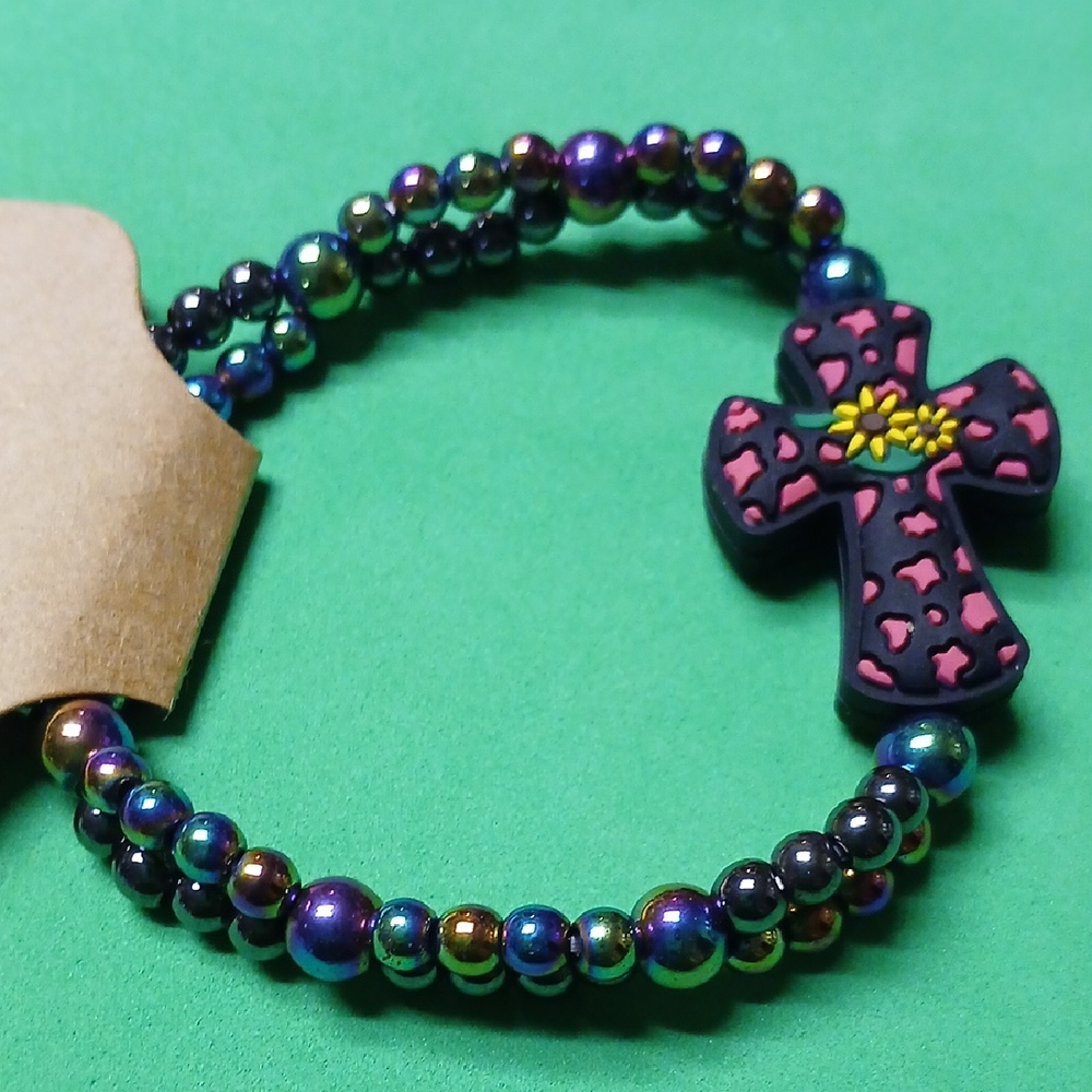 Rainbow Beaded Kids Bracelet with Pink Cross Charm